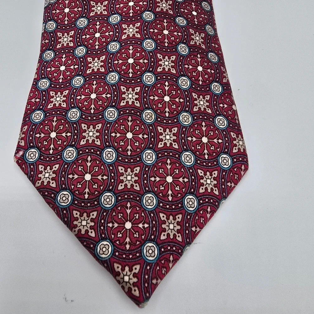 Christian Dior Silk Jacquard Geometric Pattern Tie Men's Burgundy Blue 55 Inch‎